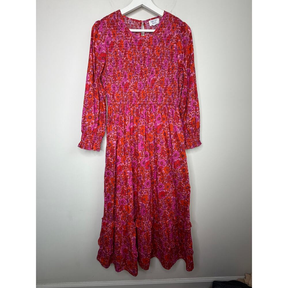 Pink City Prints Poppy Isabel Classic Smocked Floral Midi A-Line Dress Pink S - Picture 2 of 11